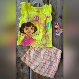 VINTAGE DORA SZ 2T NWT 2pc set YELLOW w/ DORA & BOOTS S/s SHIRT & plaid SHORTS